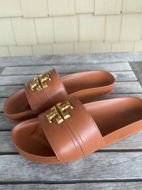 Tory Burch Everly Leather Slides Sandals Brown Gold Logo Size 6.5